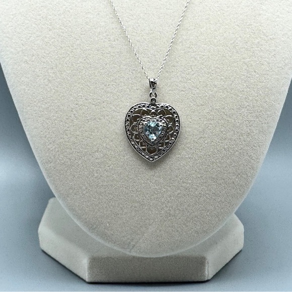 10K WG/925 Filigree Blue Topaz Heart Pendant Necklace - Picture 2 of 16